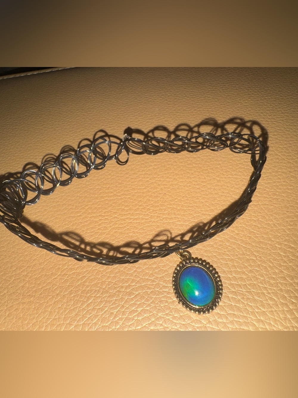 Vintage-Style Black Choker Necklace with Blue-Green Oval Pendant